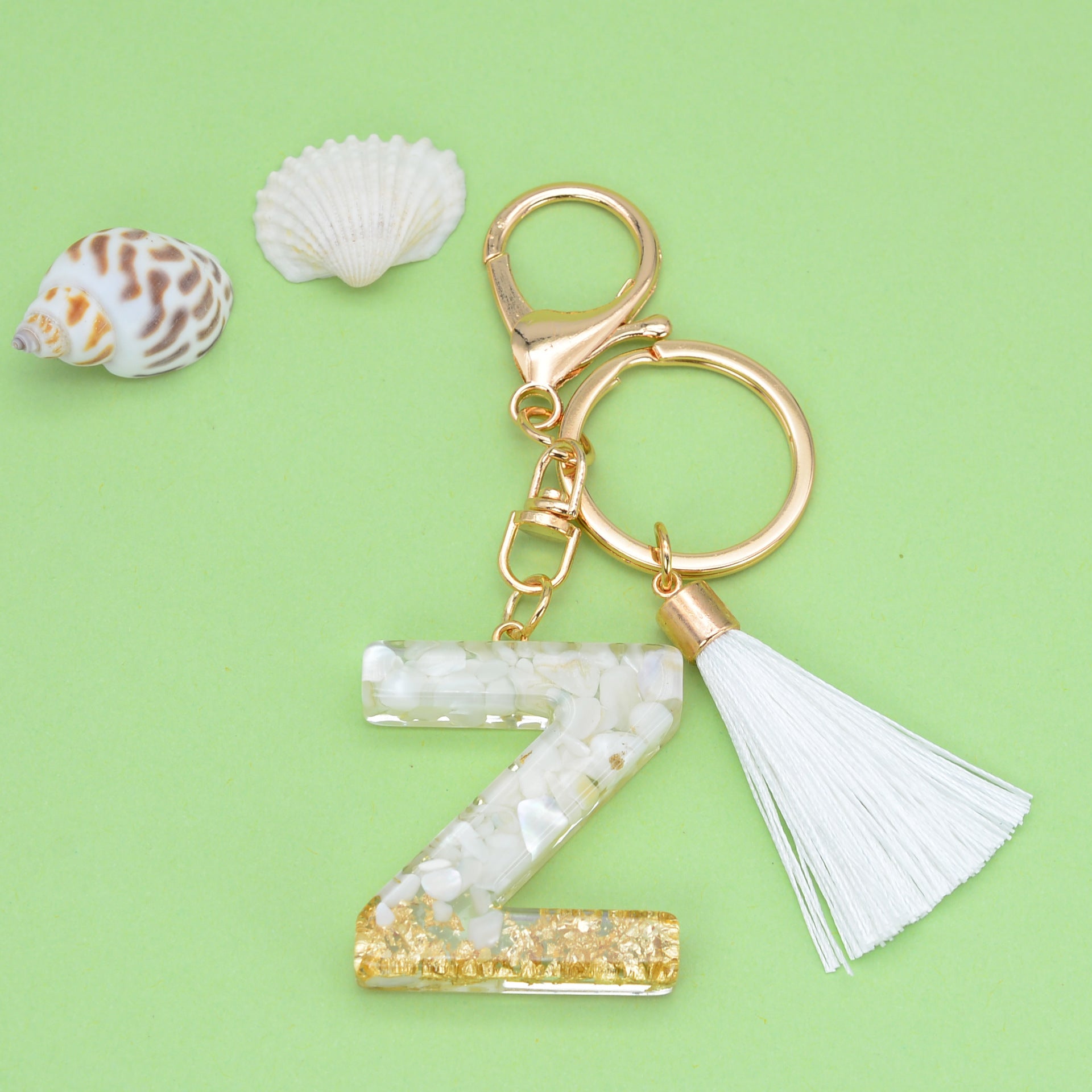 Wholesale White Tassel 26 Letter Crystal Resin Keychain